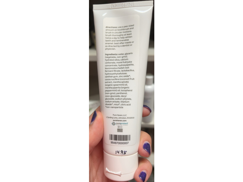 Purehaven Body Mineral Toothpaste, Hydroxyapatite, Monk Fruit, Spearmint, 3.4 oz/96 g