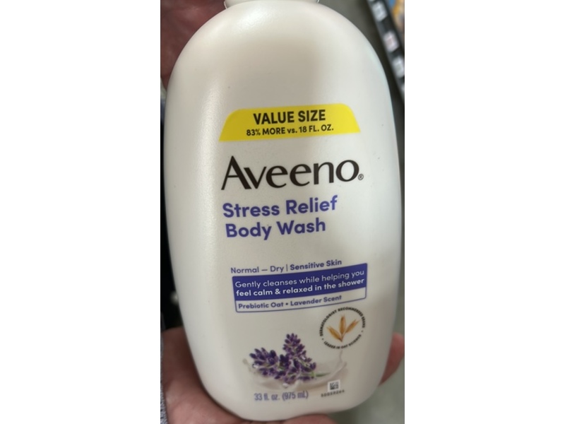 Aveeno Stress Relief Body Wash, Sensitive Skin, Prebiotic Oat + Lavender, 33 fl oz/975 mL