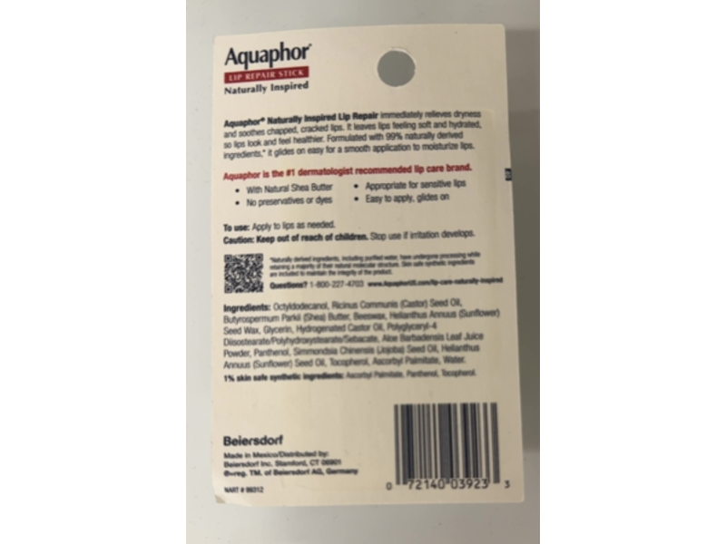 Aquaphor Lip Repair Stick, Aloe Vera & Shea Butter, 0.17oz/4.8 g, Pack of 2