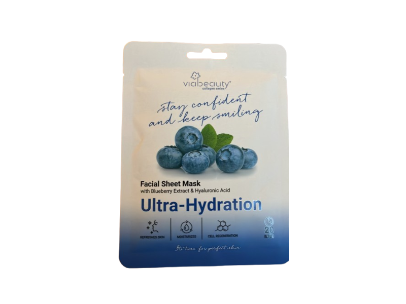 Via Beauty Ultra-Hydration Facial Sheet Mask, Blueberry Extract & Hyaluronic Acid, 22 g, 1 Count