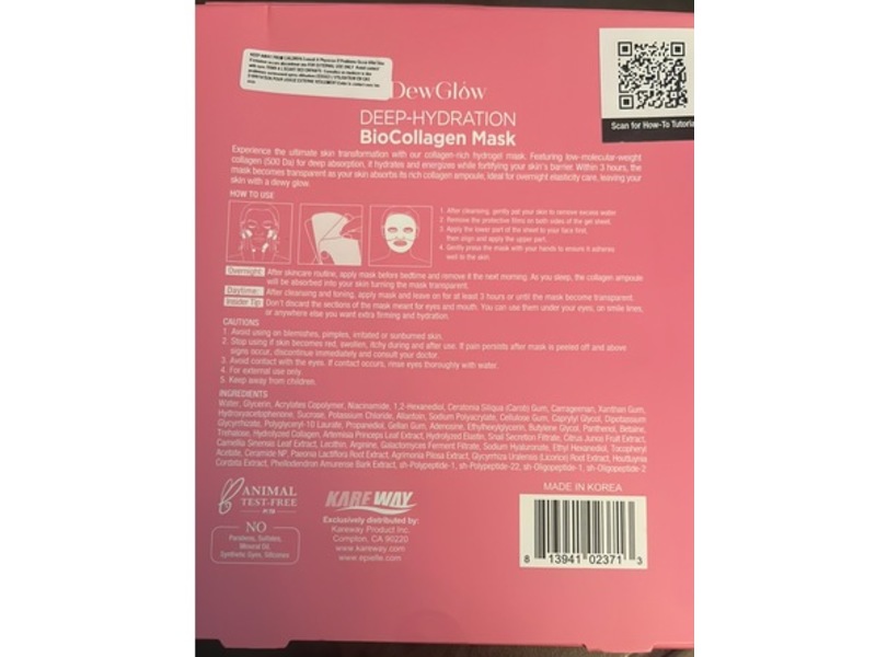 K-Beauty DewGlow Deep-Hydration BioCollagen Mask, 3 Count