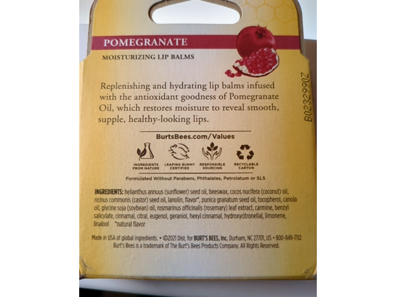 Burt's Bees Lip Balm, Pomegranate, Pack Of 4, 0.15 oz/4.25 g