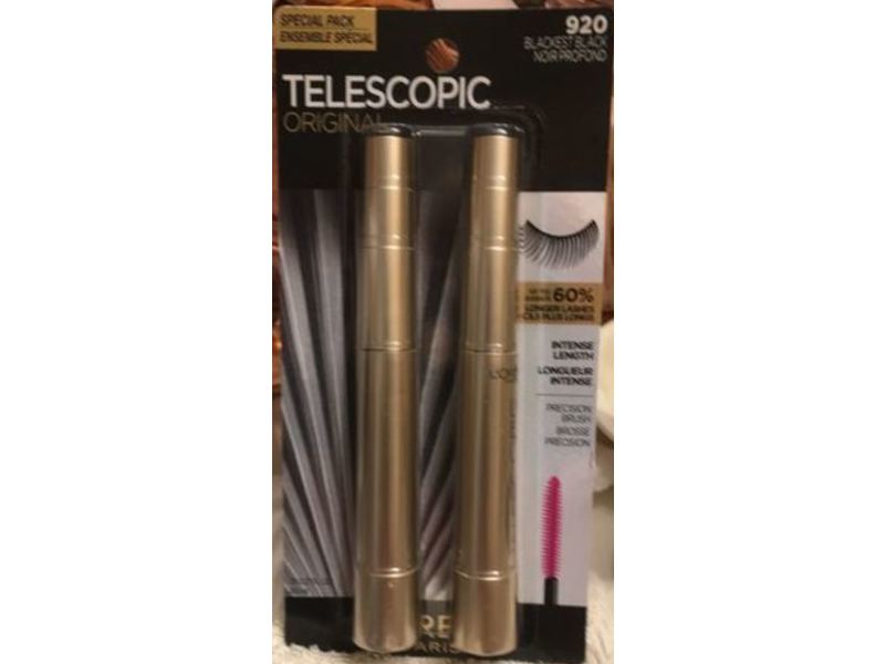 L'Oreal Paris Telescopic Original Mascara, 920 Blackest Black, 0.27 fl oz, Pack Of 2