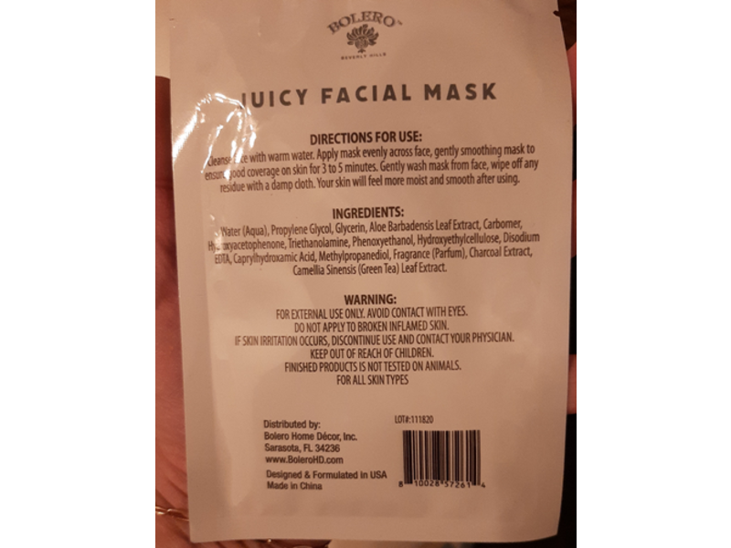 Bolero Beverly Hills Juicy Facial Mask, Charcoal Green Tea, 0.37 fl oz/11 mL, 1 Count