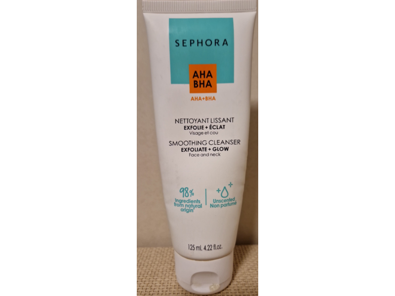 Sephora Exfoliate And Glow Smoothing Face & Neck Cleanser, Aha+Bha, 4.22 fl oz/125 mL