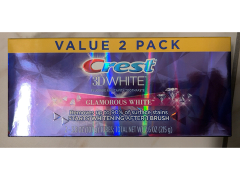 Crest 3D White Fluoride Anticavity Toothpaste, Glamorous White, 7.6 oz/215 g, Pack Of 2