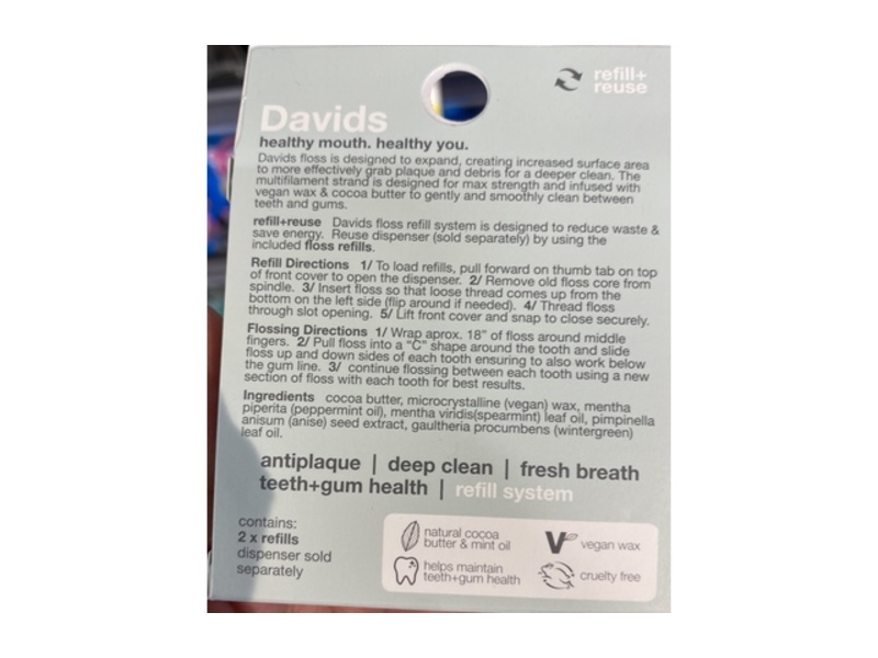 Davids Expanding Dental Floss Refills, Coco Butter+Mint Oil, 2 Count