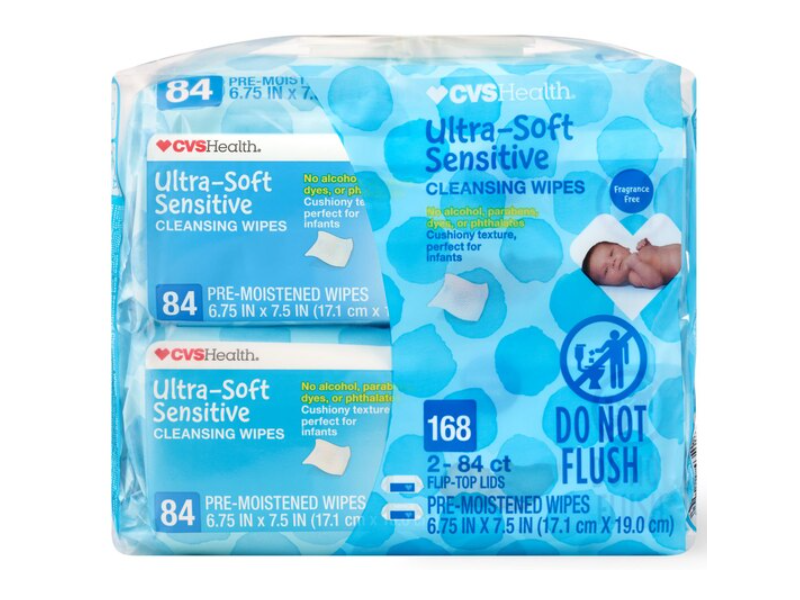 CVS Health Ultra-Soft Sensitive Cleansing Wipes, Fragrance Free, Pack Of 2, 168 Count