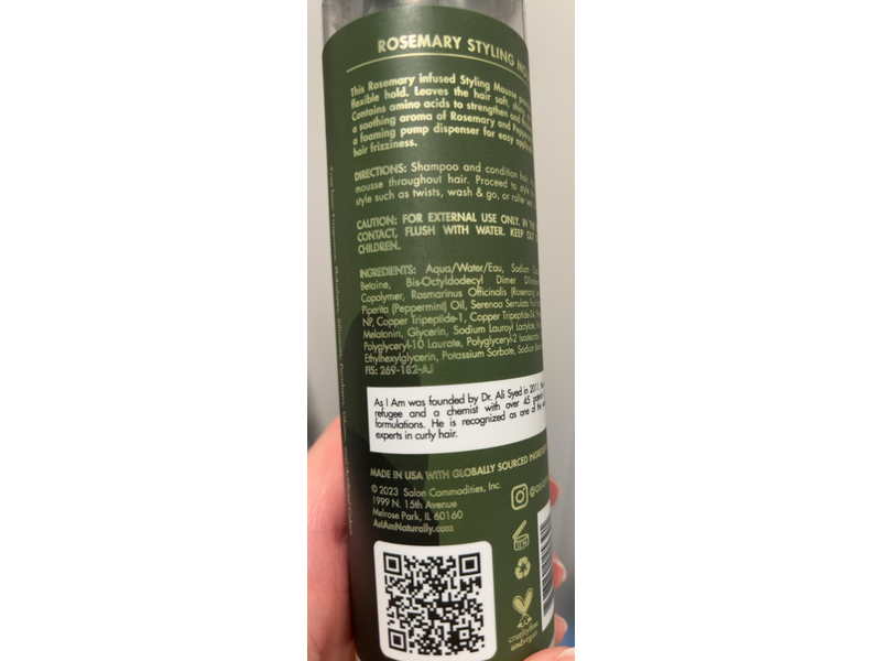 As I Am Rosemary Styling Mousse, 8 fl oz/237 mL