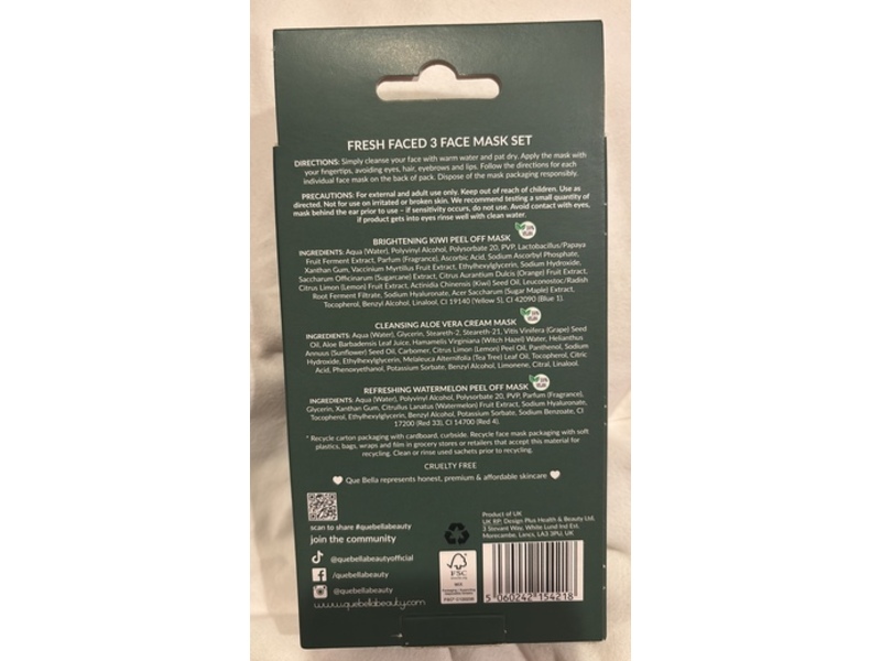 Que Bella Fresh Faced 3 Face Mask Set, Watermelon, Kiwi, Aloe Vera
