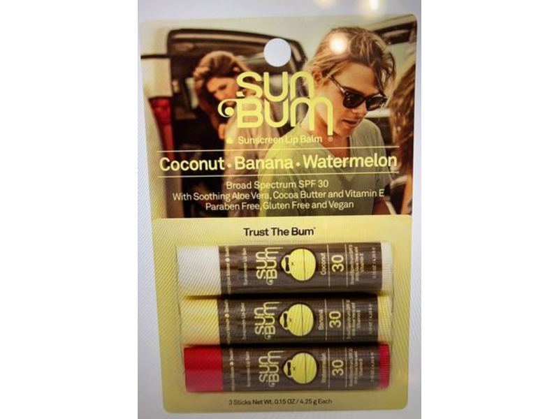 Sun Bum Sunscreen Lip Balm, SPF 30, Coconut, Banana, Watermelon, 0.15 oz/4.25 g, Pack Of