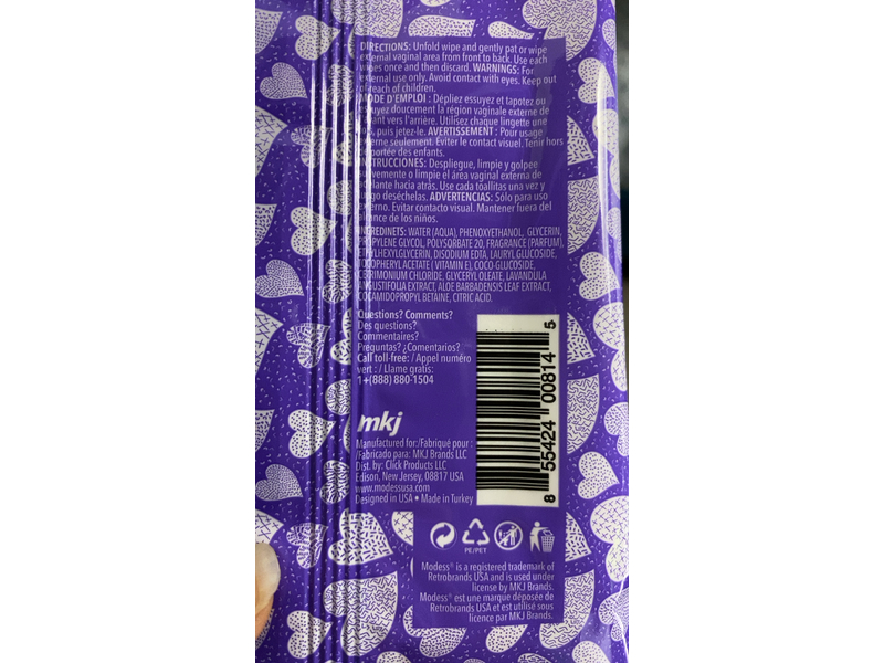 Modess Basics Feminine Cleansing Wipes, Sheer Lavender, 32 Count