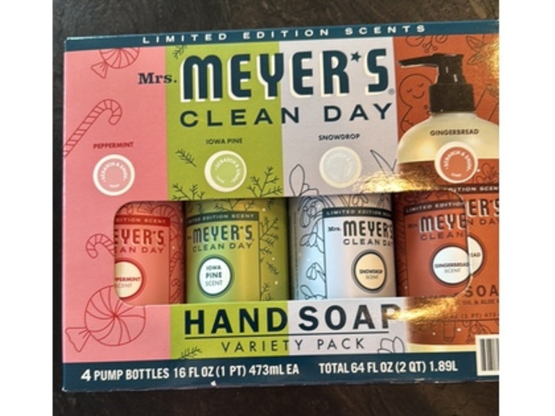 Mrs.Meyer's Clean Day Hand Soap Set, Peppermint + Iowa Pine + Snow Drop & Gingerbread, 16 fl oz/473 mL, 4 Count