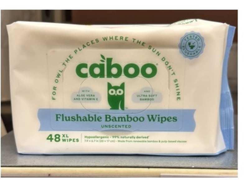 Caboo Flushable Bamboo Wipes, Unscented, 48 Count