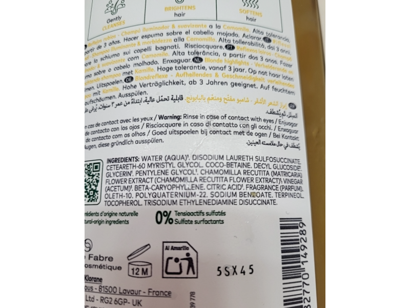 Klorane Blonde Highlights brightening & Softening Shampoo, Chamomile, 13.5 fl oz/400 mL