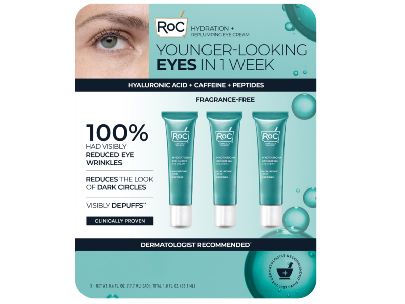 RoC Hydration + Replumping Eye Cream, Hyaluronic Acid + Caffeine + Peptides, 0.6 fl oz/17.7 mL, Pack Of 3