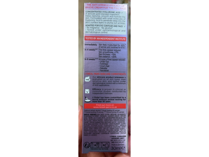 L'Oreal Paris Revitalift Filler Eye Cream, Hyaluronic Acid, 1 fl oz/30 mL