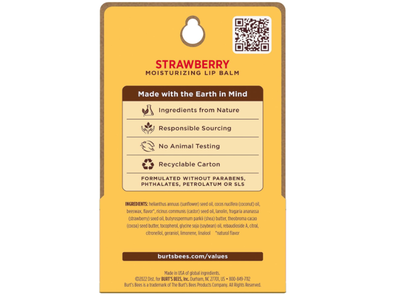 Burt's Bees Moisturizing Lip Balm, Strawberry, 0.15 oz/4.25 g, Pack Of 2