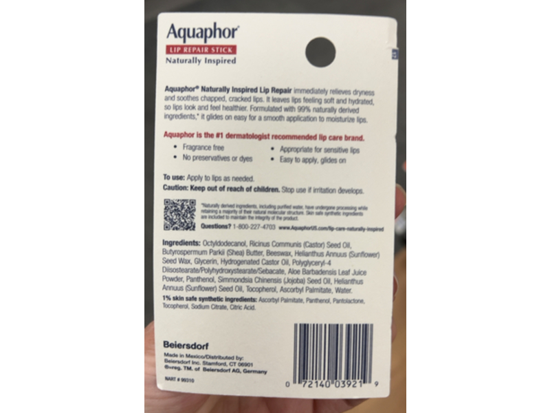 Aquaphor Lip Repair Stick, Aloe Vera & Shea Butter, 0.17oz/4.8 g
