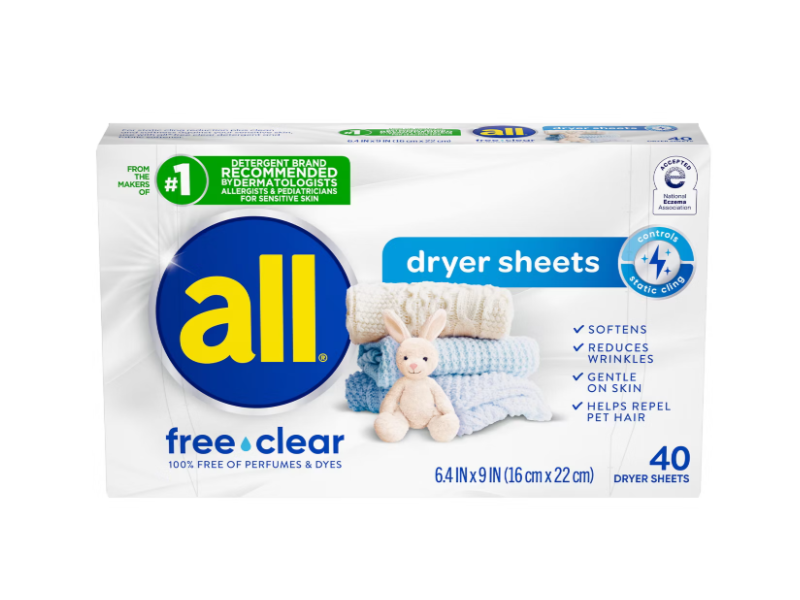 All Dryer Sheets, Free Clear, 40 Count
