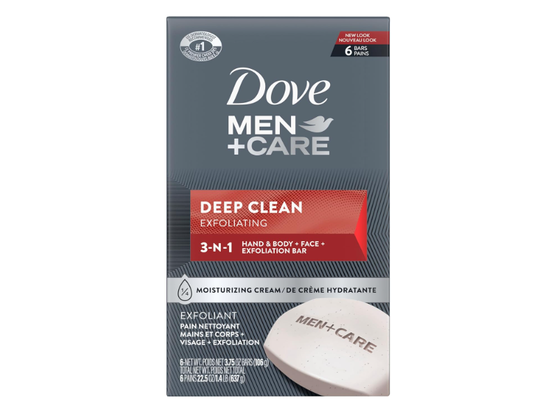 Dove Men+Care Deep Clean 3-In-1 Hand & Body + Face + Exfoliatioing Bar, 3.75 oz/106 g, Pack Of 6