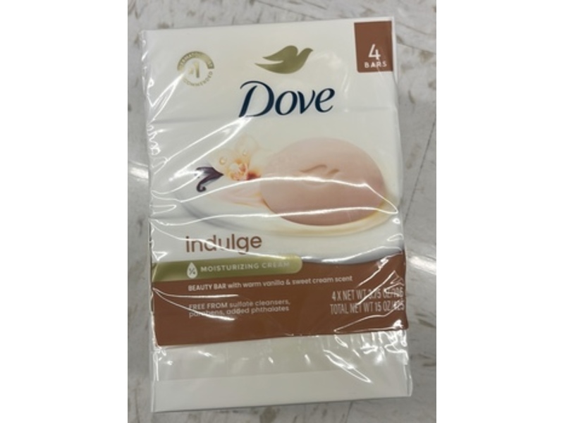 Dove Indulge Beauty Bar, Warm Vanilla & Sweet Cream Scent, 3.75 oz/106 g, Pack Of 4