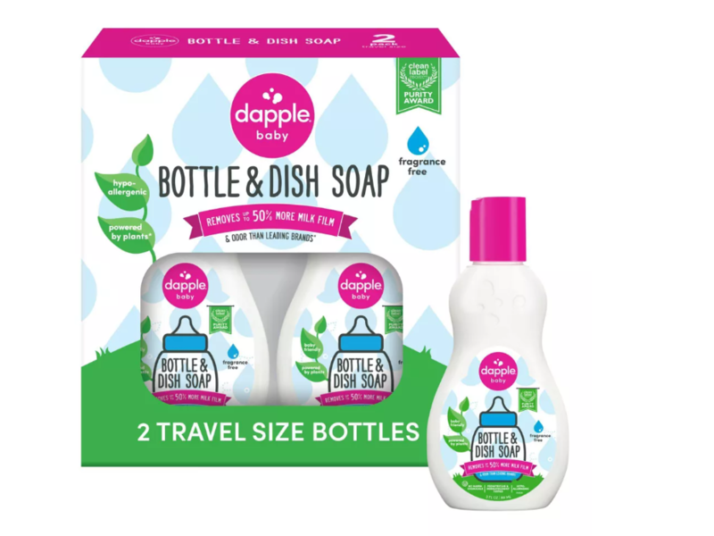 Dapple Bottle & Dish Soap, Fragrance Free, 3 fl oz/89 mL, Pack Of 2