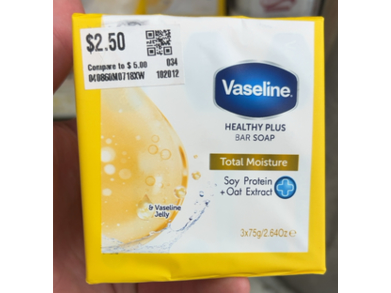 Vaseline Total Moisture Healthy Plus Bar Soap, Soy Protein + Oat Extract & Vaseline Jelly, 2.64 oz/75 g, Pack Of 3