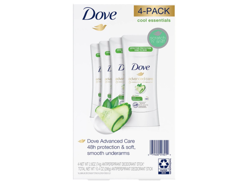 Dove Antiperspirant Deodorant, Cool Essentials, 2.6 oz/74 g, Pack Of 4