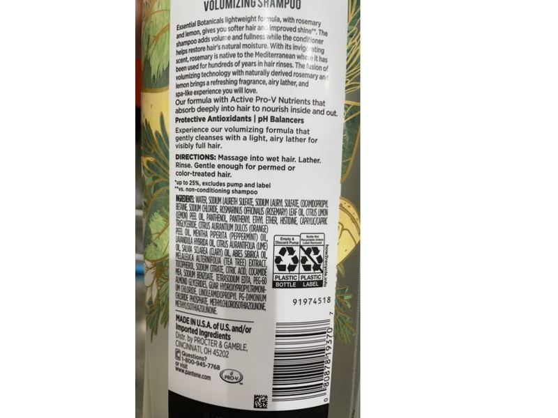 Pantene Essential Botanicals Volumizing Shampoo, Rosemary & Lemon, 38.2 fl oz/1.13 L