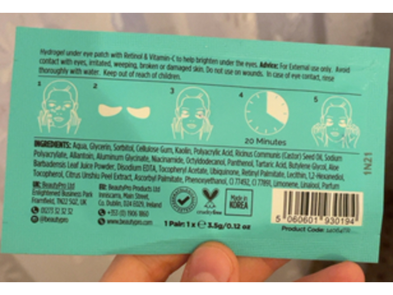 Beauty Pro Under Eye Patch, Retinol + Vitamin C + Aloe, 0.12 oz/3.5 g