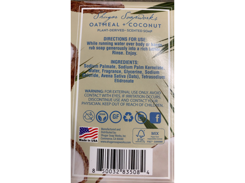 Shugar Soapworks Scented Bar Soap, Oatmeal & Coconut, 5 oz/141.7 g