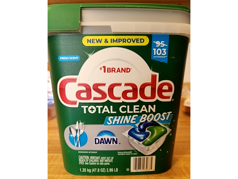 Cascade Total Clean Shine Boost Dishwasher Detergent, Fresh, 47.9 oz/1.35 kg, 103 Count