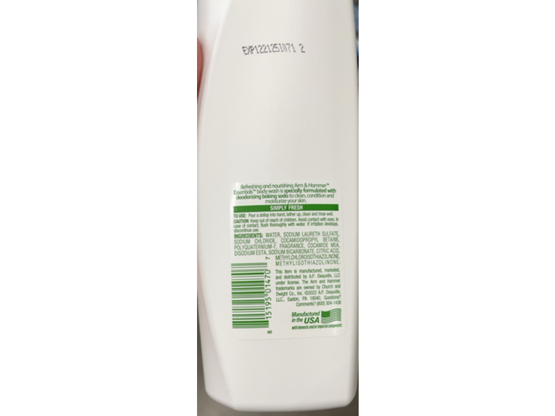 Arms & Hammer Essentials Ultra Moisturizing Body Wash, Simply Fresh, 15 fl oz / 443 mL