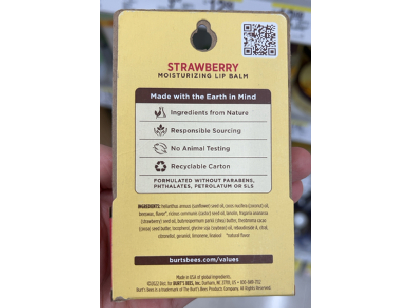 Burt's Bees Moisturizing Lip Balm, Strawberry, 0.15 oz/4.25 g, Pack Of 2