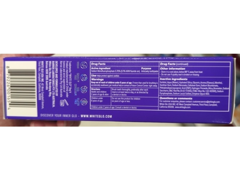 White Glo Purple Tooth Toner Toothpaste, Bubblegum, 4.05 oz/115 g