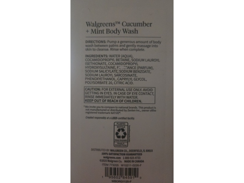 Walgreens Body Wash, Cucumber + Mint, 18 fl oz/532 mL
