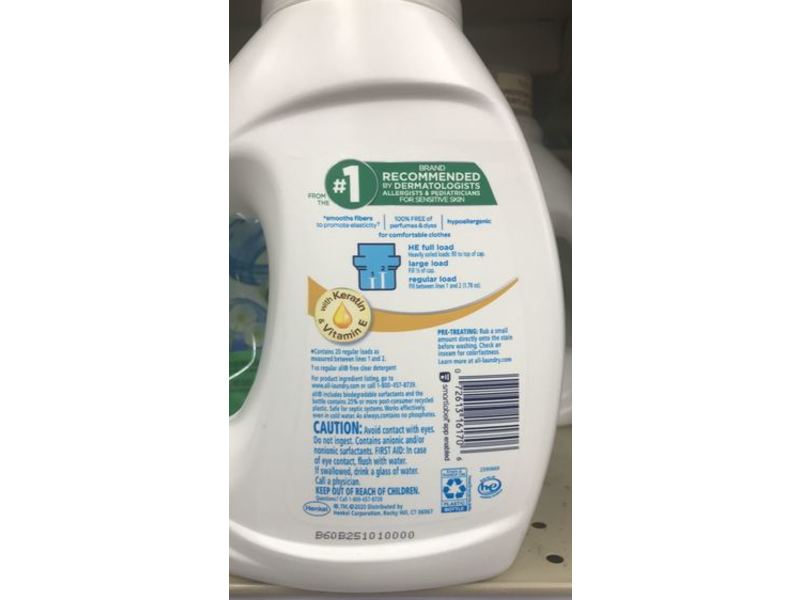 All With Stainlifters Clean & Care Liquid Laundry Detergent, Free Clear, 20 Loads, 36 fl oz/1.06 L