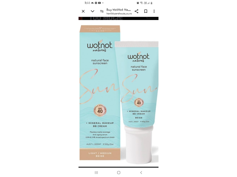 Wotnot Natural Face Sunscreen + Mineral Makeup BB Cream, SPF 40, Light/Medium Beige, 2.1 oz/60 g
