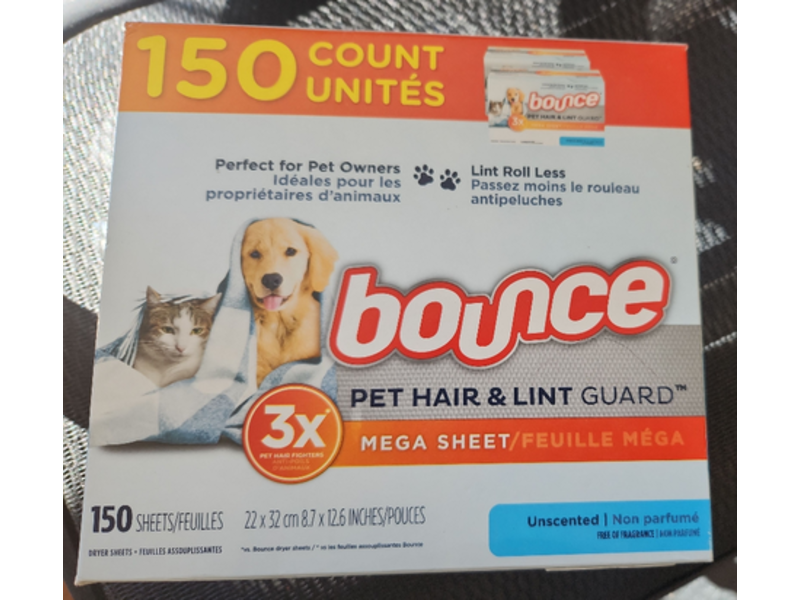 Bounce Pet Hair & Lint Guard Mega Dryer Sheets, Unscented, 150 Count