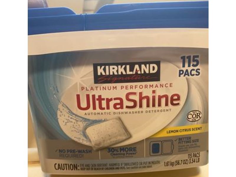 Kirkland Signature UltraShine Dishwasher Detergent, Lemon Citrus Scent, 115 Count, 56.7 oz/1.61 kg