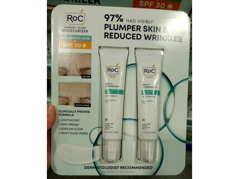 RoC Hydrate + Plump Multi - Correxion Sunscreen Moisturizer, + Hyaluronic Acid, SPF 30, 2.5 fl oz/74 mL, Pack Of 2