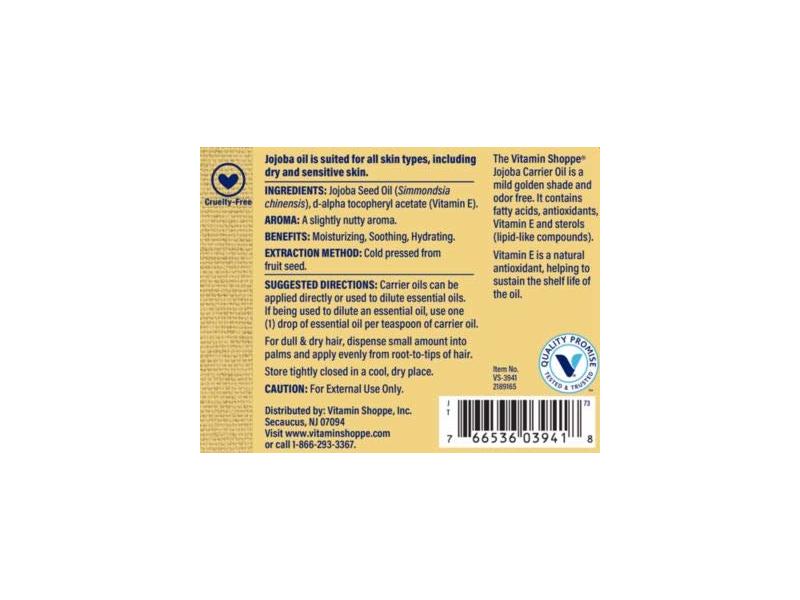 The Vitamin Shoppe Jojoba Carrier Oil, Vitamin E, 4 fl oz/118 mL