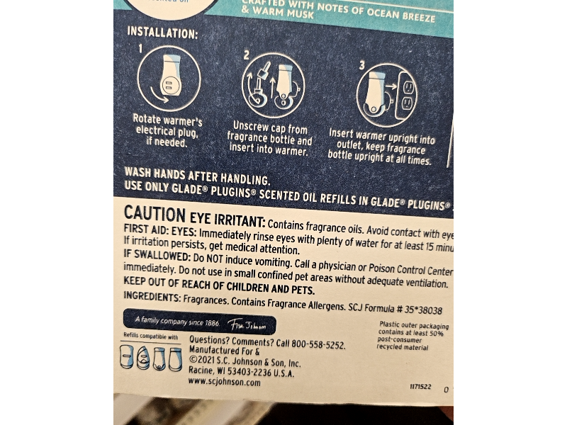 SC Johnson Glade Plugins Scented Oil Refills, Sky & Sea Salt, 0.67 fl oz, Pack Of 5