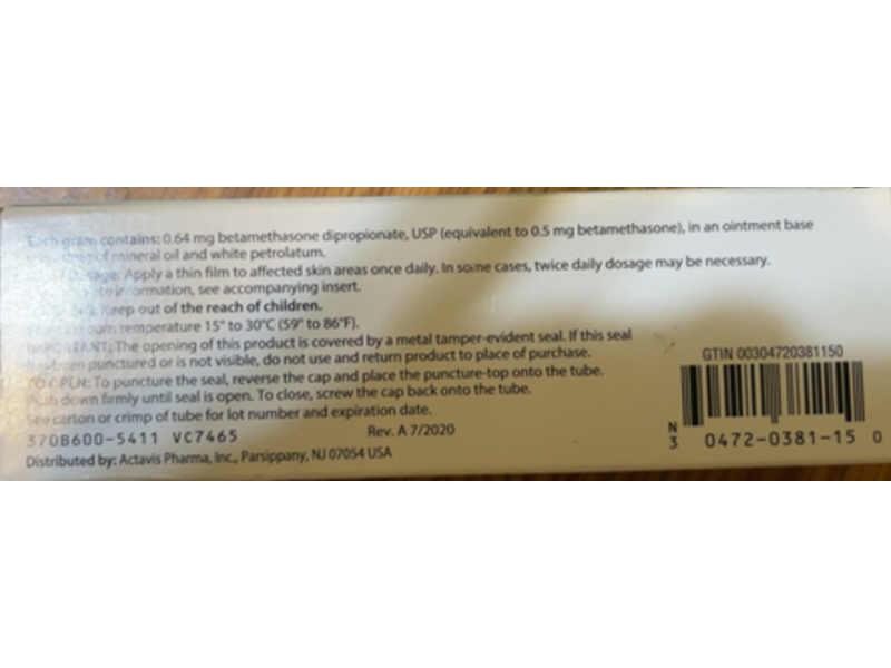 Betamethasone Dipropionate Ointment, 0.05%, 0.53 oz/15 g, Teva (RX)