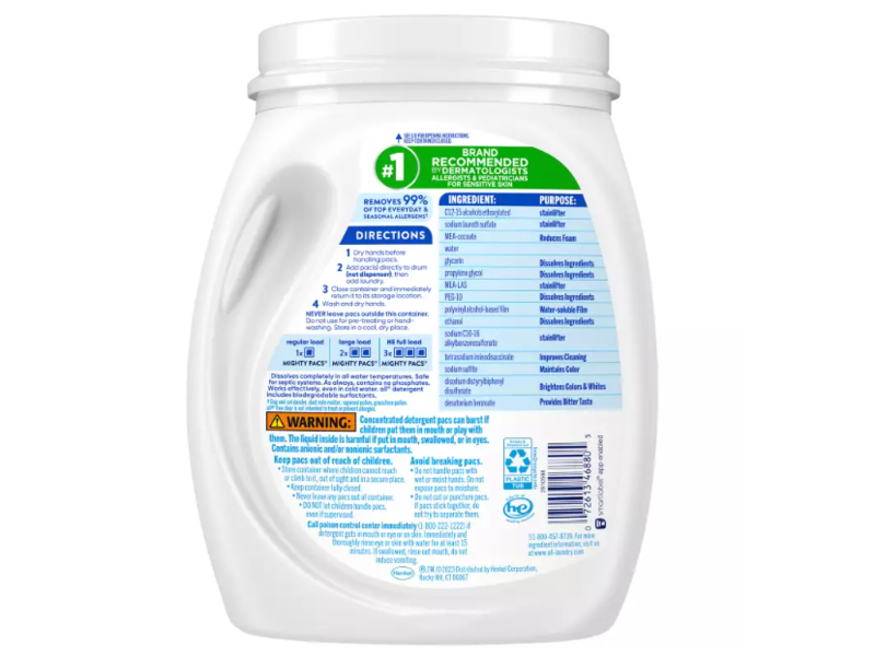 All 4 In 1 Free Clear Mighty Pacs Detergent Pacs, Odor Relief, 55.7 oz/1.58 Kg, 72 Count
