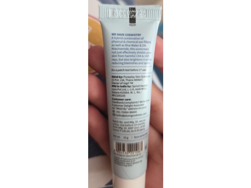 Plum Hybrid Sunscreen, Rice Water & Niacinamide 2%, SPF 50 PA++++, 0.53 oz/15 g