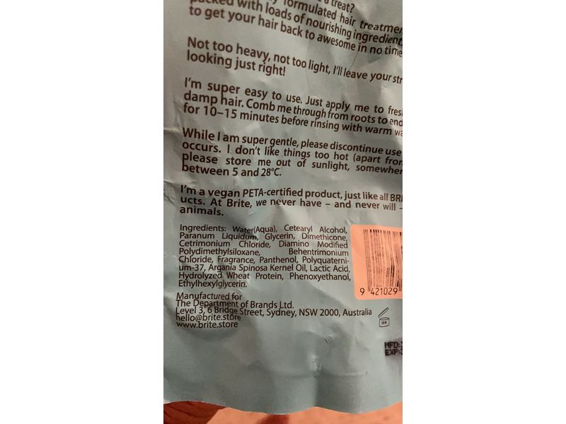 Brite Hair Mask, For Coloured Hair, Coconut, 3.38 fl oz/100 mL