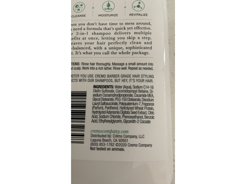 Cremo 2-In-1 Shampoo & Conditioner, Silver Water & Birch, 16 fl oz/473 mL