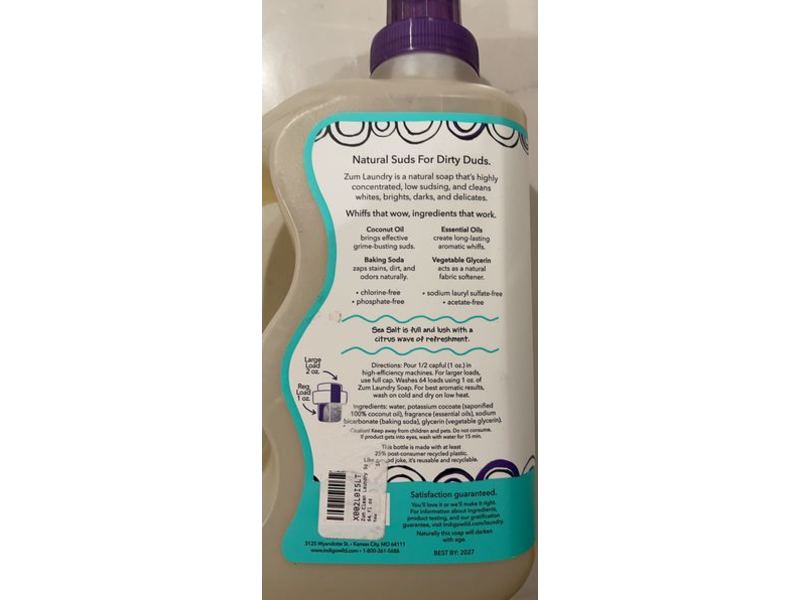 Indigo Wild Zum Laundry Soap, Sea Salt, 64 Loads, 64 fl oz/1.89 L